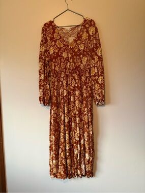 Bootlegger Long Sleeve Floral Maxi Dress in Rust and Cream